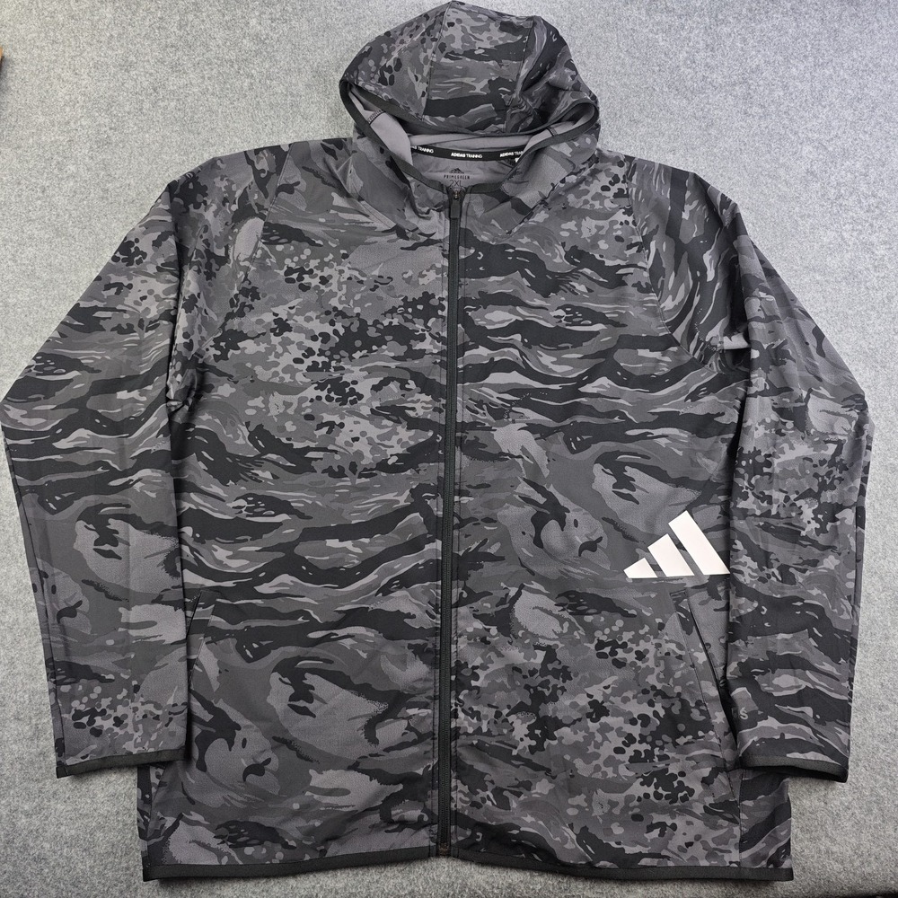 Adidas Training Jacket Mens 2XL Gray Camo Full Zip Hooded Primegreen Aeroready